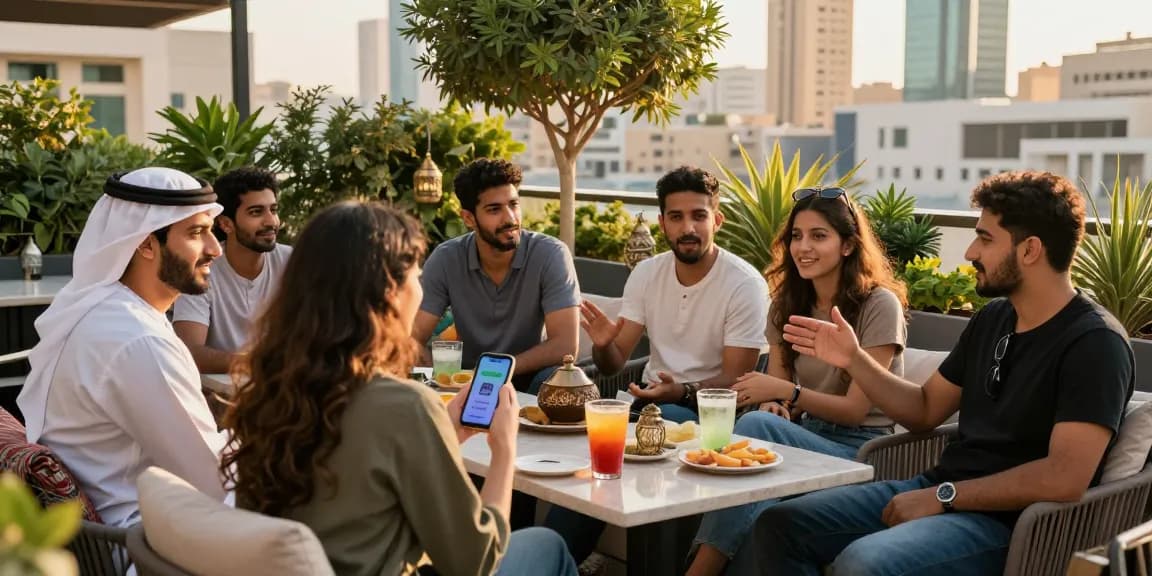 Engaging social atmosphere in Riyadh with young adults enjoying شات الرياض at a rooftop café, surrounded by city views.