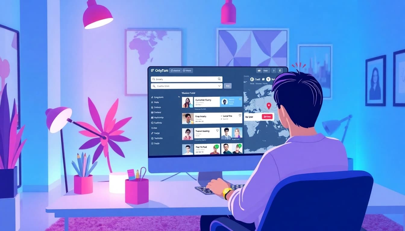 OnlyFans Nearby Creators search engine interface showcasing vibrant creator profiles and location filters.