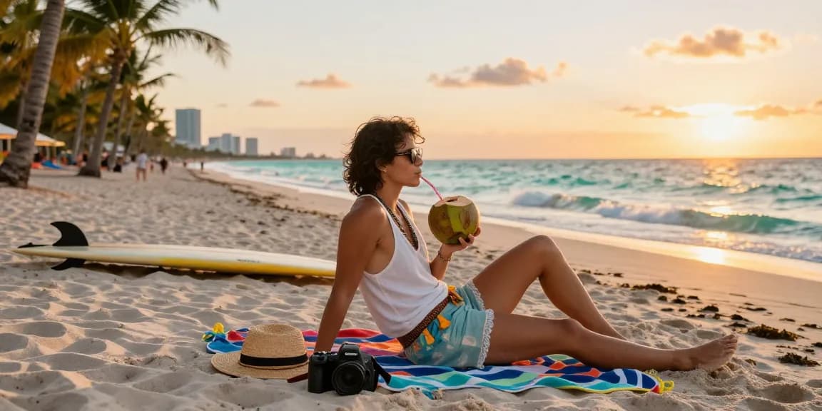 Pengunjung https://miami4d.com/ bersantai di pantai Miami menikmati suasana senja dengan palem dan layang-layang.