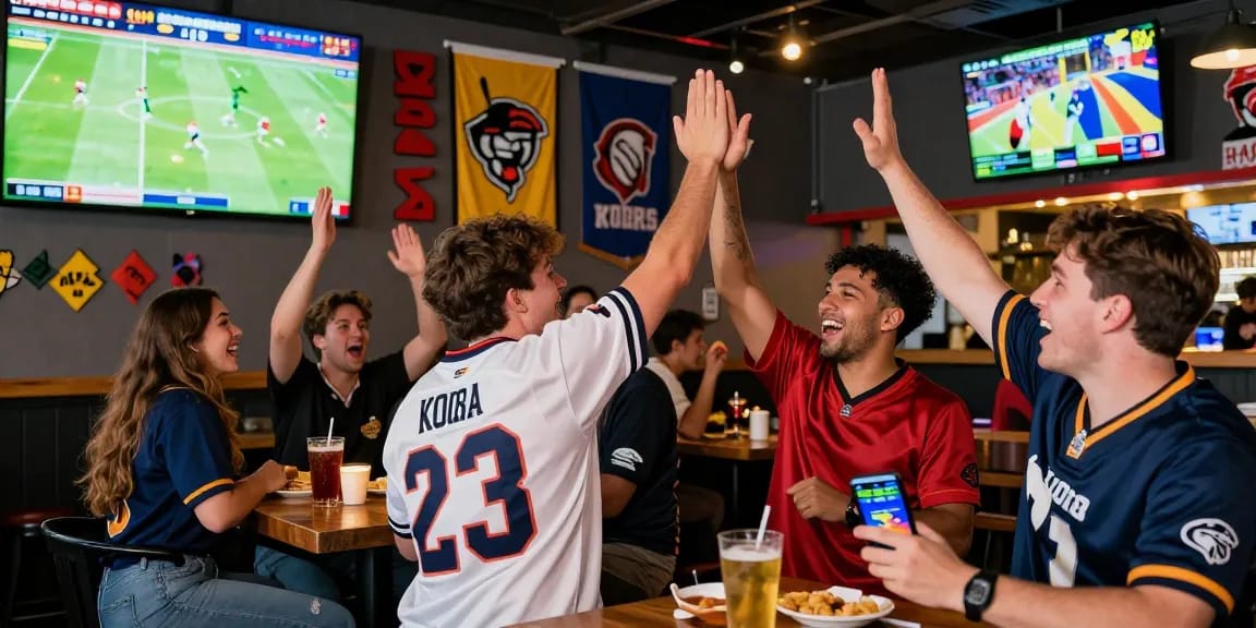 Fans celebrating kora live football matches in a vibrant sports bar atmosphere with drinks and snacks.