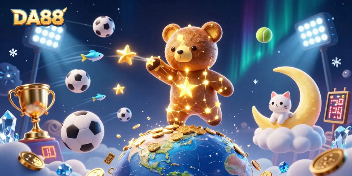 DA88 showcases an enchanting bear and moon cat in a vibrant casino scene, celebrating winning moments.