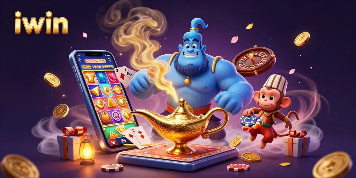 Experience winning thrills at iwin with a magical genie and colorful slot game elements.