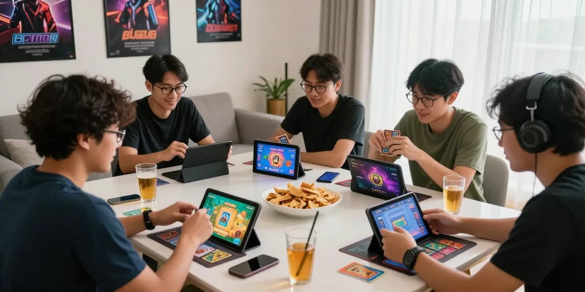 Players enjoying card games at home, showcasing vibrant gaming atmosphere at gamebaidoithuong.is.