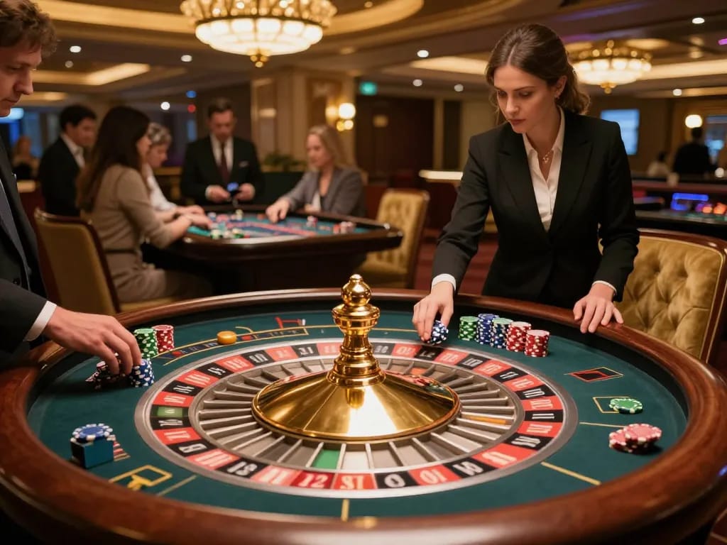 Experience a thrilling roulette game at mb66an casino, with bets being placed and excitement in the air.