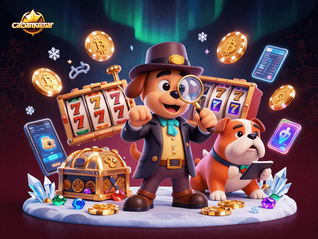 Permainan slot di cabangsemar dengan detektif dan teman bulldog meneliti chip poker emas.