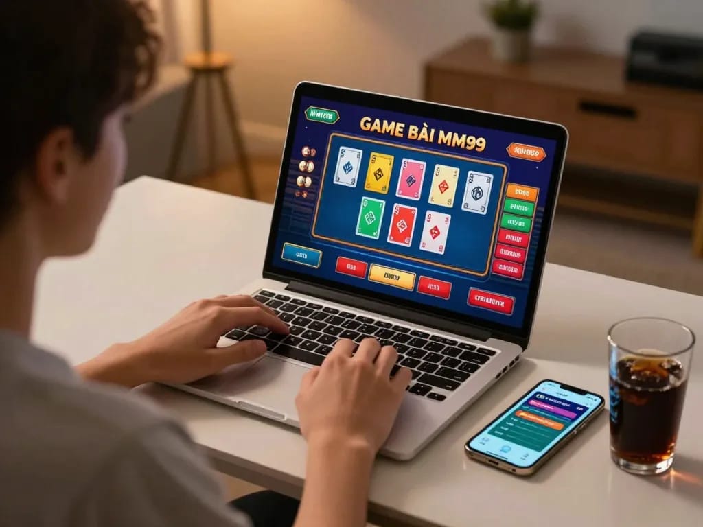 Person engaging in GAME BÀI MM99 online gaming on a sleek laptop in a cozy home environment.