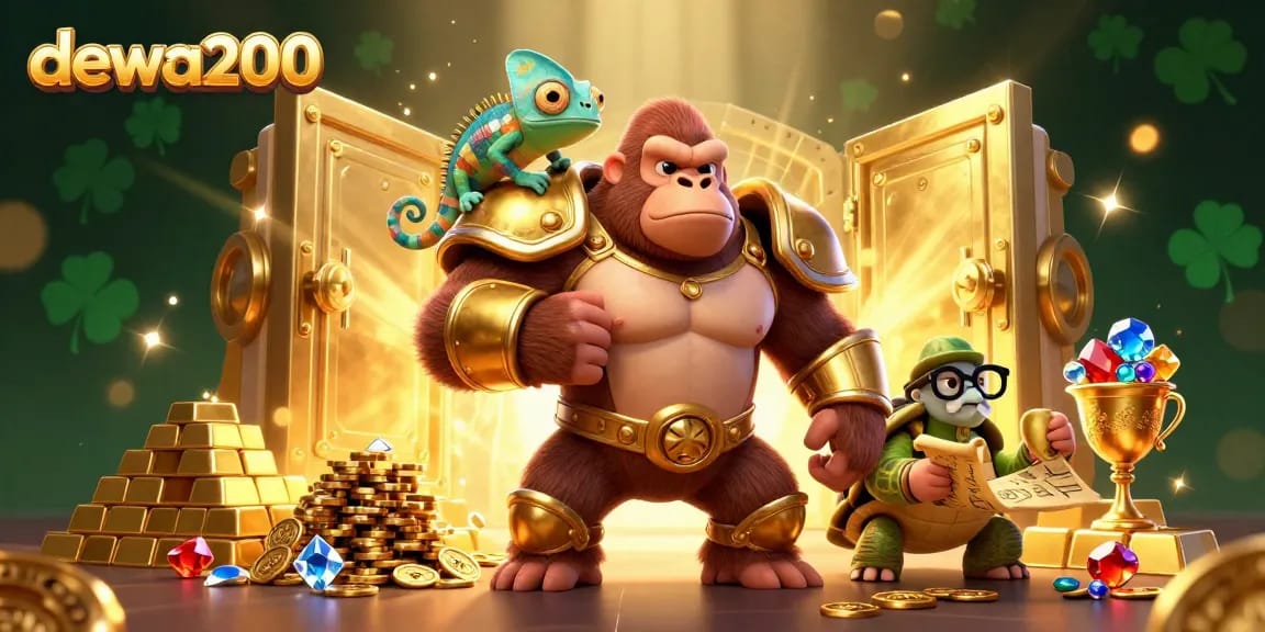 Gorilla raja dengan chameleon dan kura-kura menyusun strategi kemenangan di dewa200, dikelilingi kekayaan judi.