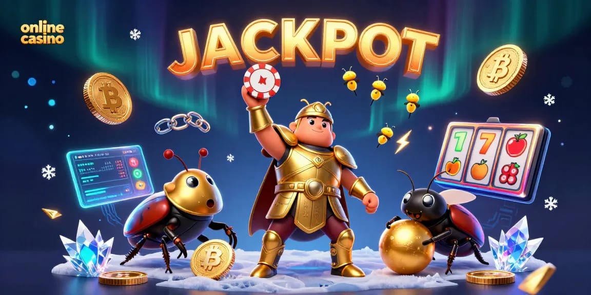Engaging cartoon scene of a victorious beetle themed around online casino excitement and jackpots.