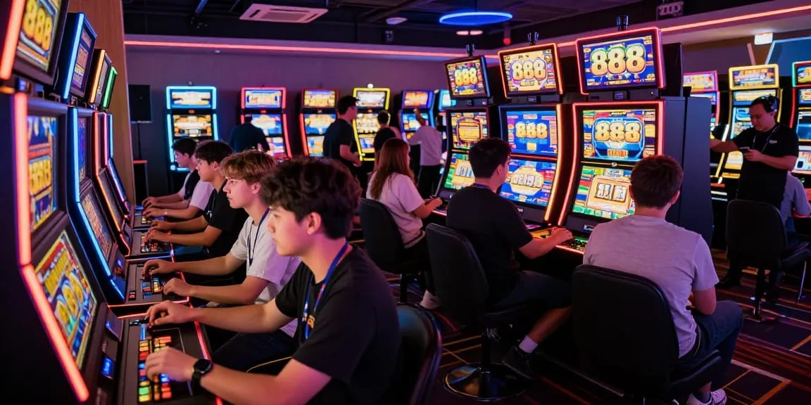 Permainan 888 slot di arena arcade dengan pemain bersemangat dan suasana hidup yang ceria.