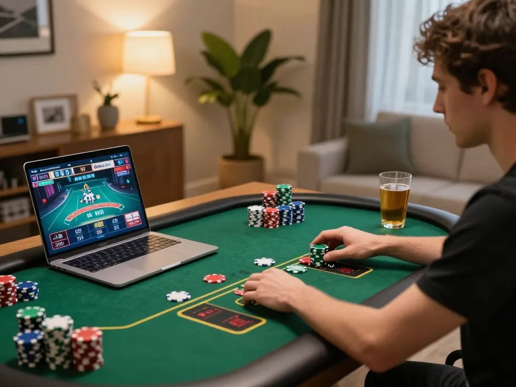 Engaging gameplay at 888NEW online casino on a laptop with poker chips and drink nearby