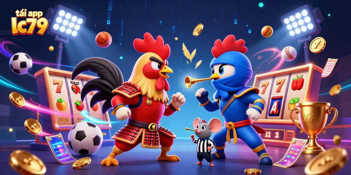 Trải nghiệm tải app lc79 với những chú gà đánh nhau trong một không gian casino đầy màu sắc.