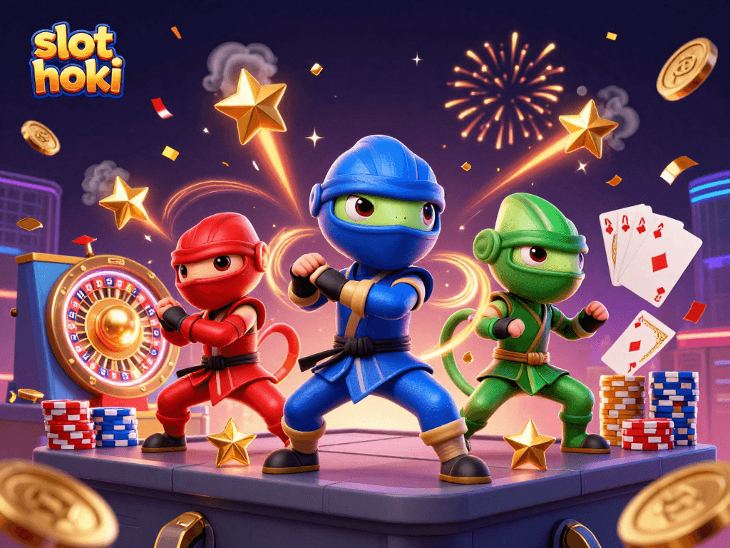 A dynamic illustration showcasing slot hoki with a ninja chameleon team performing martial arts surrounded by casino elements.