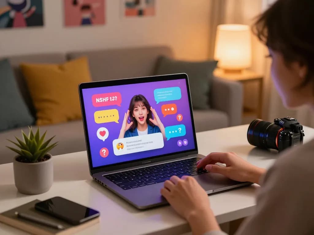 Engaging scene of free AI sex chat on laptop with vibrant avatars and playful elements in a cozy workspace.