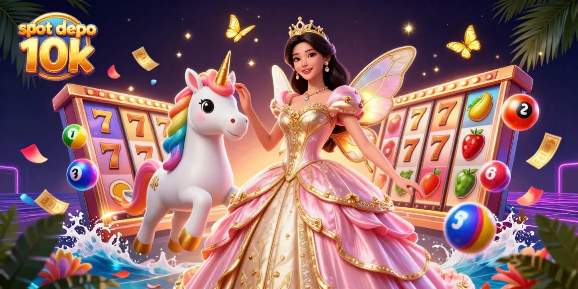Experience the excitement of slot depo 10k with vibrant slot reels and a magical unicorn.