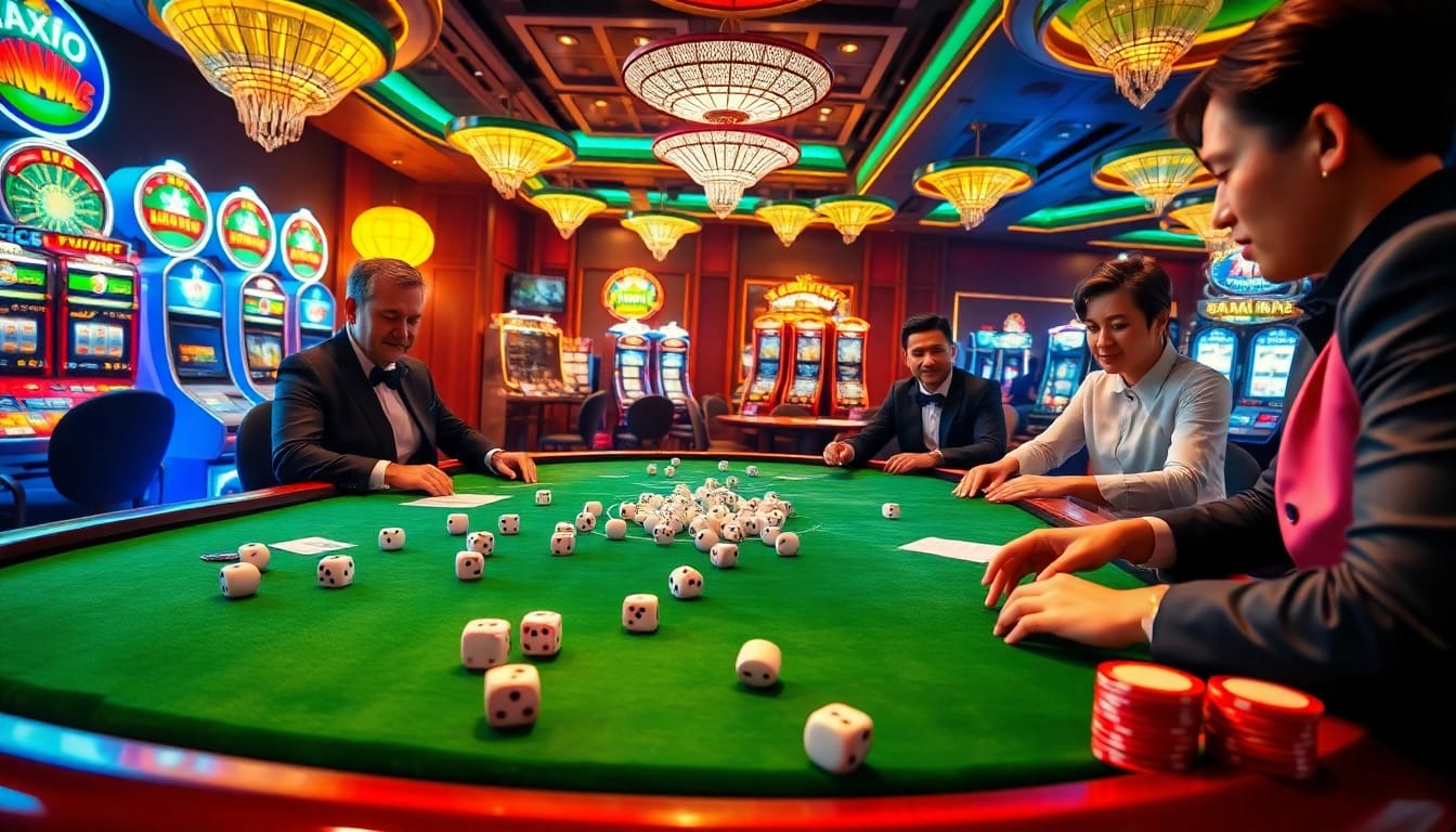 Engage in thrilling Taixiu gambling with vibrant casino dice and glamorous players at the table.