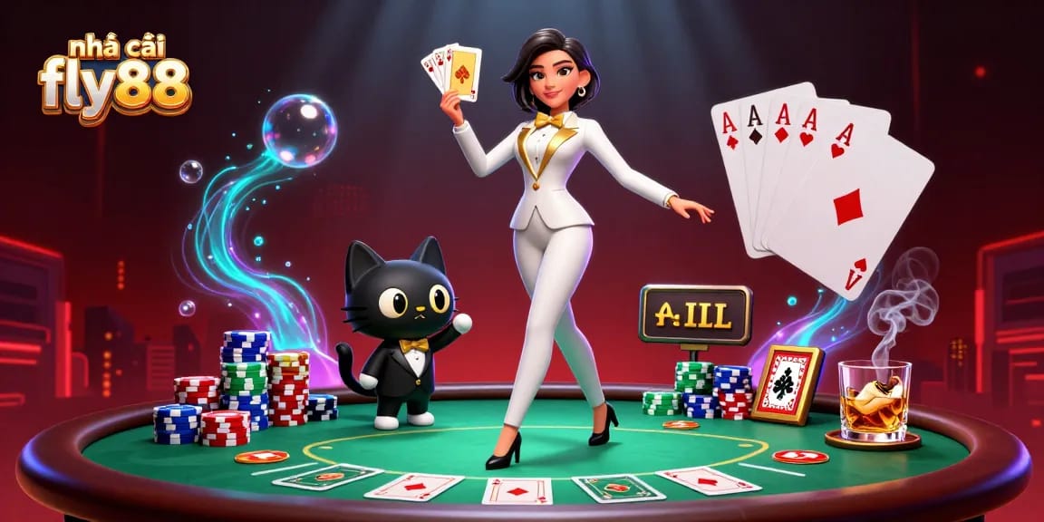 Engage with the thrilling action at nhà cái fly88, showcasing luxury gaming with cards, chips, and rich visuals.