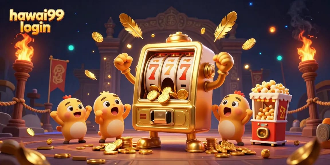 Experience the excitement of wins with hawai99 login at an animated casino scene filled with slot machines.