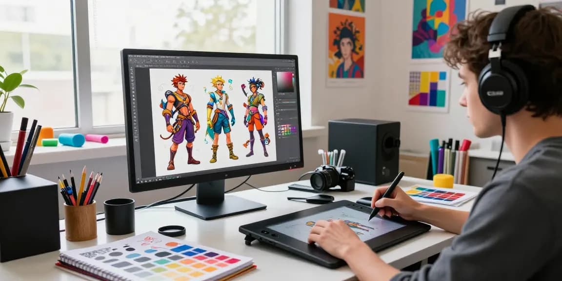 Dynamic artist creating NSFW AI designs in a colorful studio filled with art supplies and inspiration.