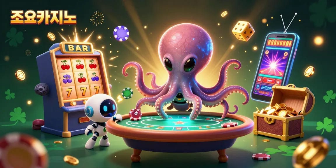 Experience thrilling games at 조이카지노 with a lively 3D cartoon illustration featuring vibrant casino elements and characters.