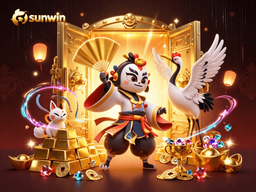 Experience the thrill of sunwin as a kabuki warrior and kitsune mask explore a treasure-filled, vibrant casino scene.