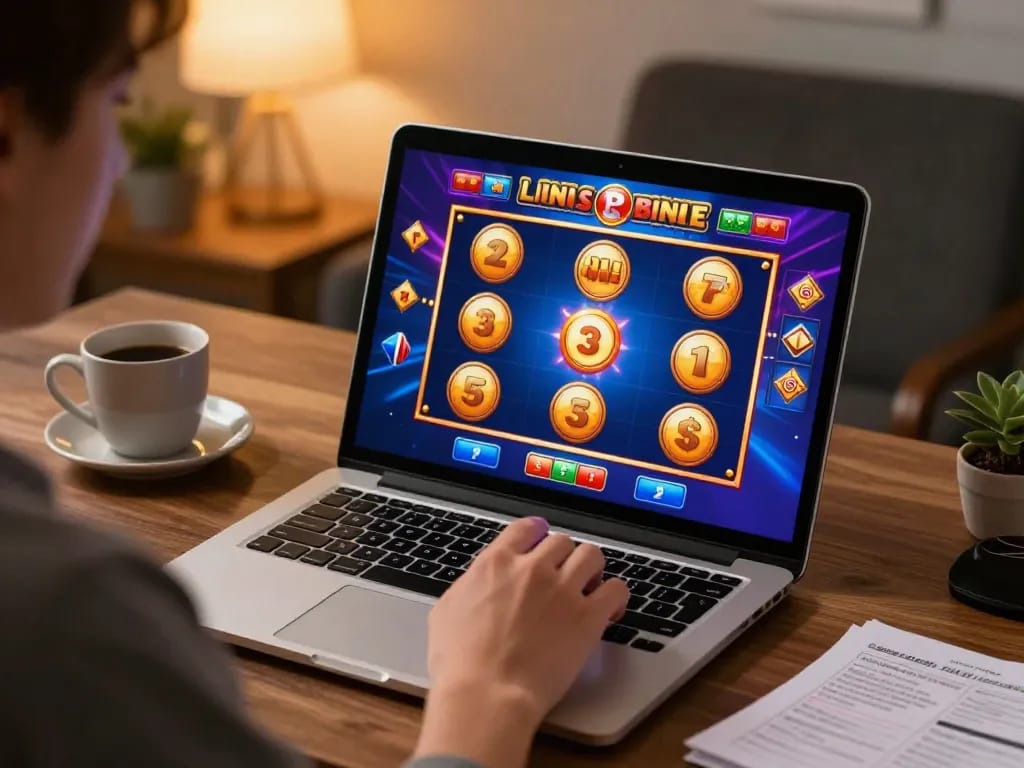 Engaging in slot gacor hari ini with online gaming excitement, vibrant visuals on laptop screen.