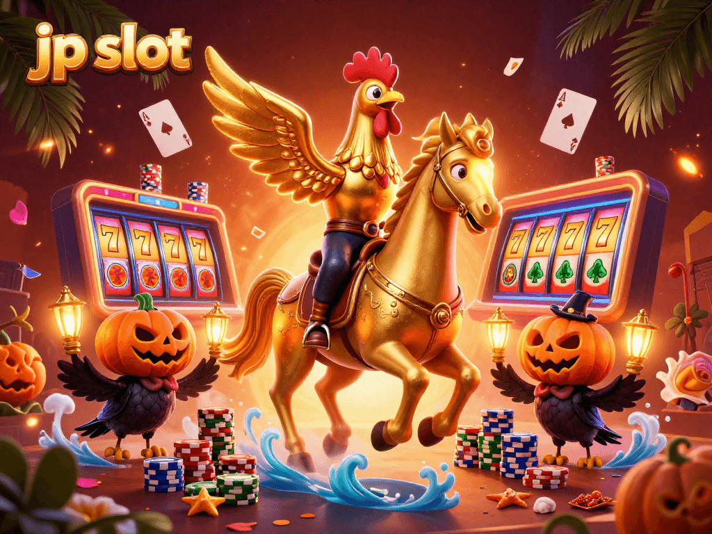 Experience thrilling gameplay with jp slot featuring a dynamic scene of golden rooster and spectral horse in a casino atmosphere.