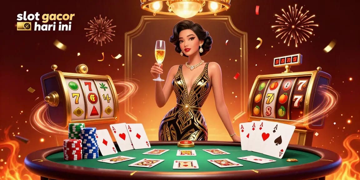 Terlibat dengan slot gacor hari ini saat seorang wanita Asia glamour memegang gelas sampanye di dalam suasana kasino.