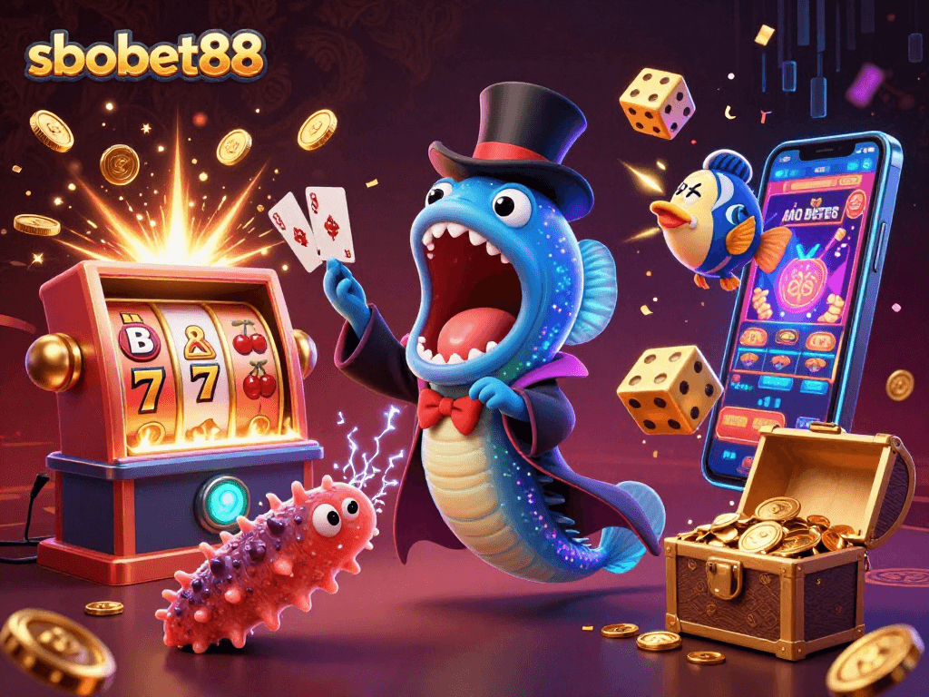 SBOBET88 engages players with vibrant card tricks and casino thrills in a magical underwater scene.