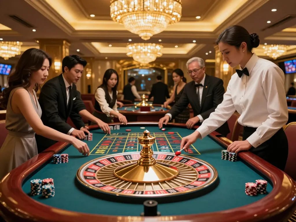 11win players excitedly placing bets at a luxury roulette table in a vibrant casino