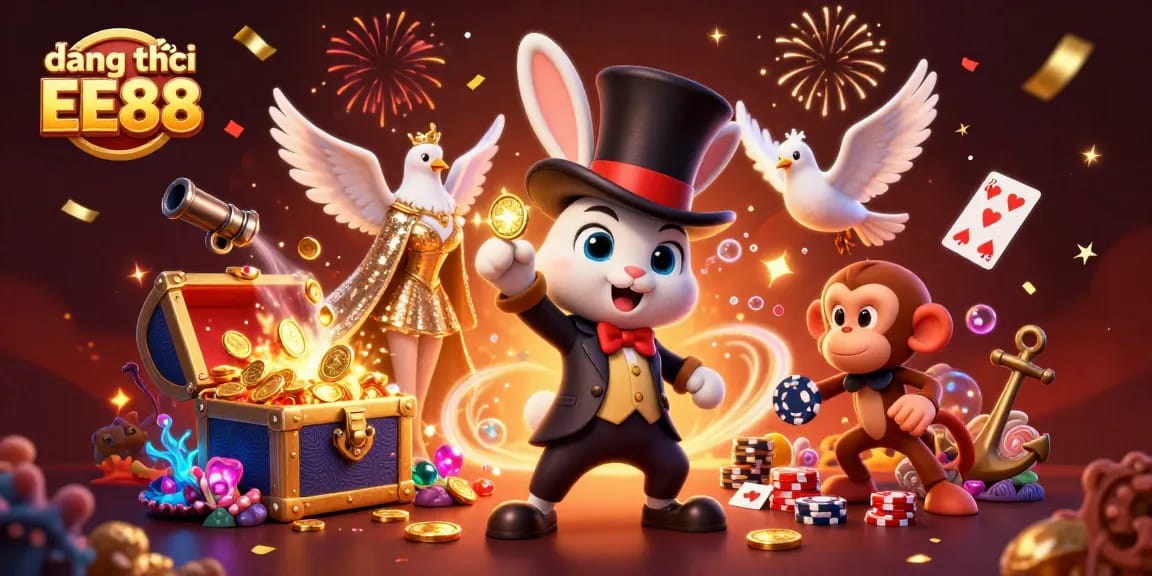 Play exciting games and register for EE88 with golden coins and poker chips in a vibrant casino scene.