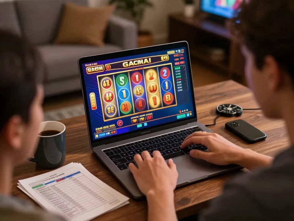 Engaging gameplay at a slot gacor hari ini online casino with vibrant reels spinning on laptop.