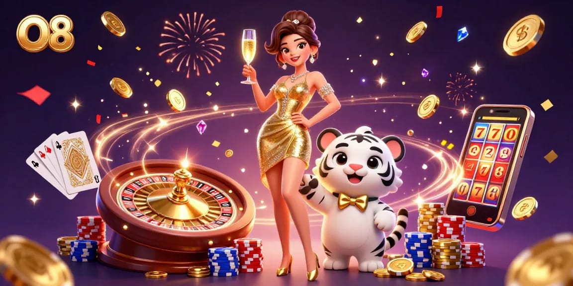 Experience O8's thrilling casino atmosphere with a glamorous woman and a lucky tiger amidst poker chips and coins.
