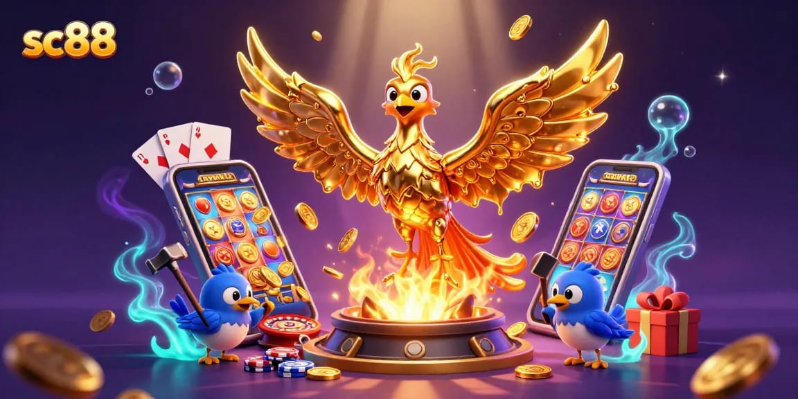 Spin to win with sc88's golden phoenix and captivating casino elements in a vibrant 3D scene.