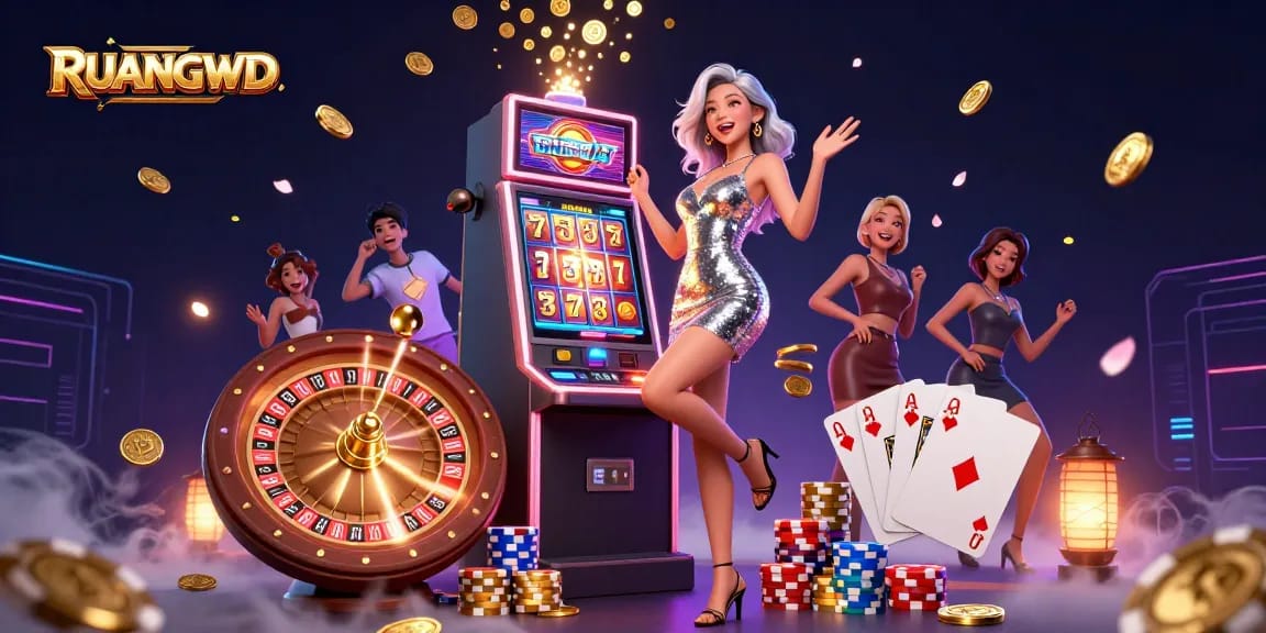 RUANGWD showcases a stunning Asian woman celebrating a jackpot with vibrant casino elements.
