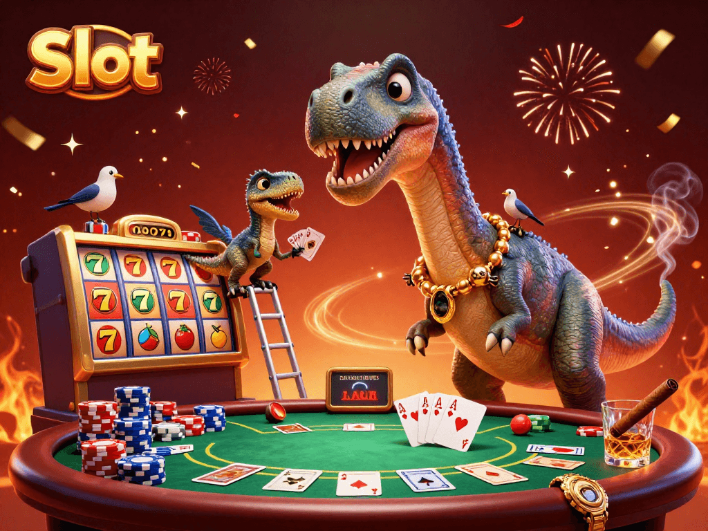 Engage in exciting Slot action with a giant dinosaur dealing cards in a vibrant casino scene.