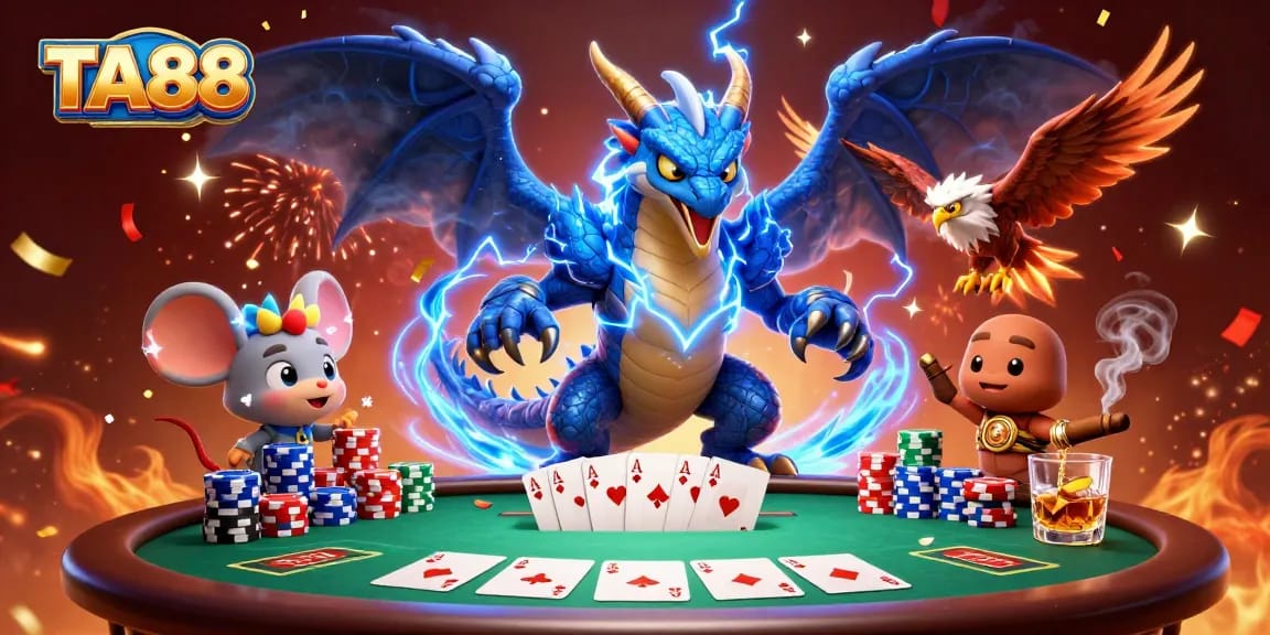 TA88 poker scene with thunder dragon and glowing hawk amidst vibrant casino elements