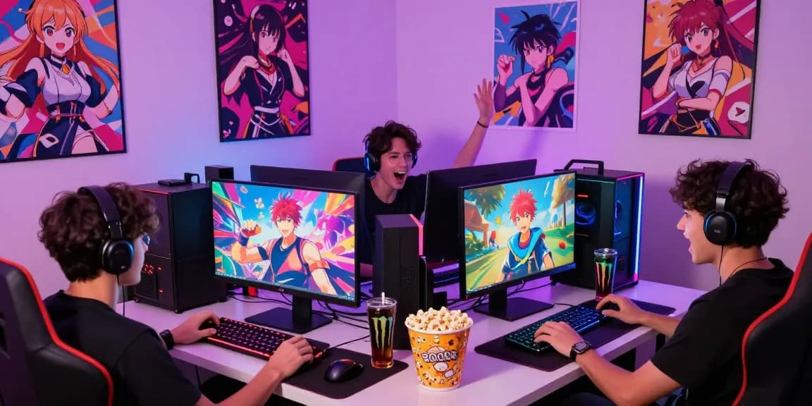Engaging scene of players enjoying a gay hentai game surrounded by colorful anime decor and snacks.