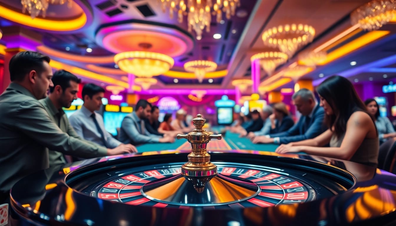 Menangkan arus hoki dengan suasana kasino yang energik dan pemain terlibat pada meja roulette.