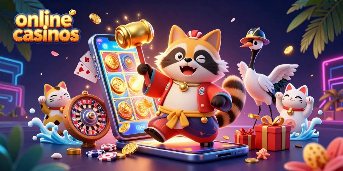 Experience exciting online casinos with a cheerful tanuki and vibrant game elements in a dynamic scene.