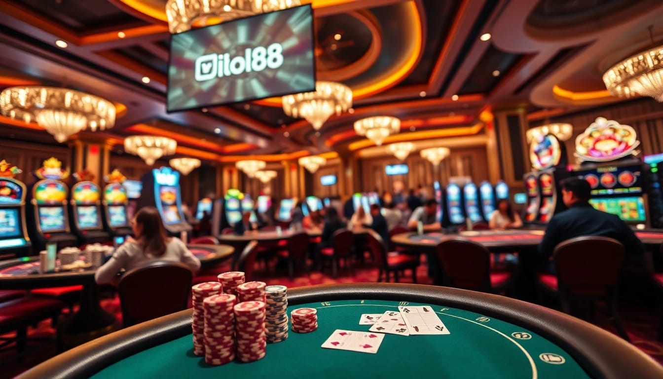 Hello88 vibrantly illustrated casino scene with players engaging at poker tables and roulette wheels.
