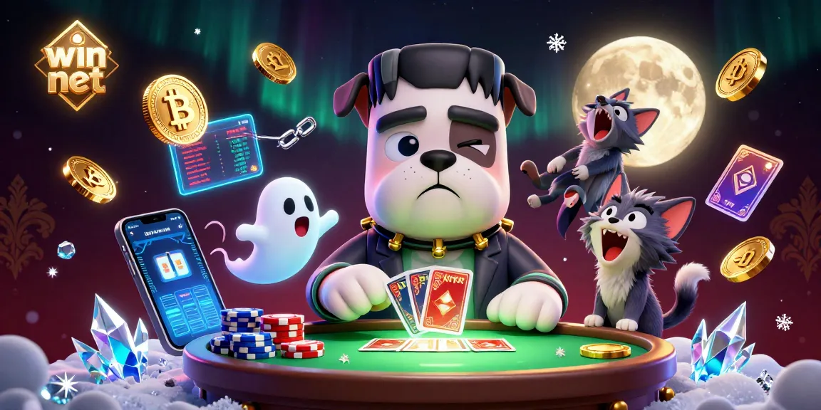 Join the fun with win net as a Frankenstein bulldog deals cards at a vibrant online casino scene.