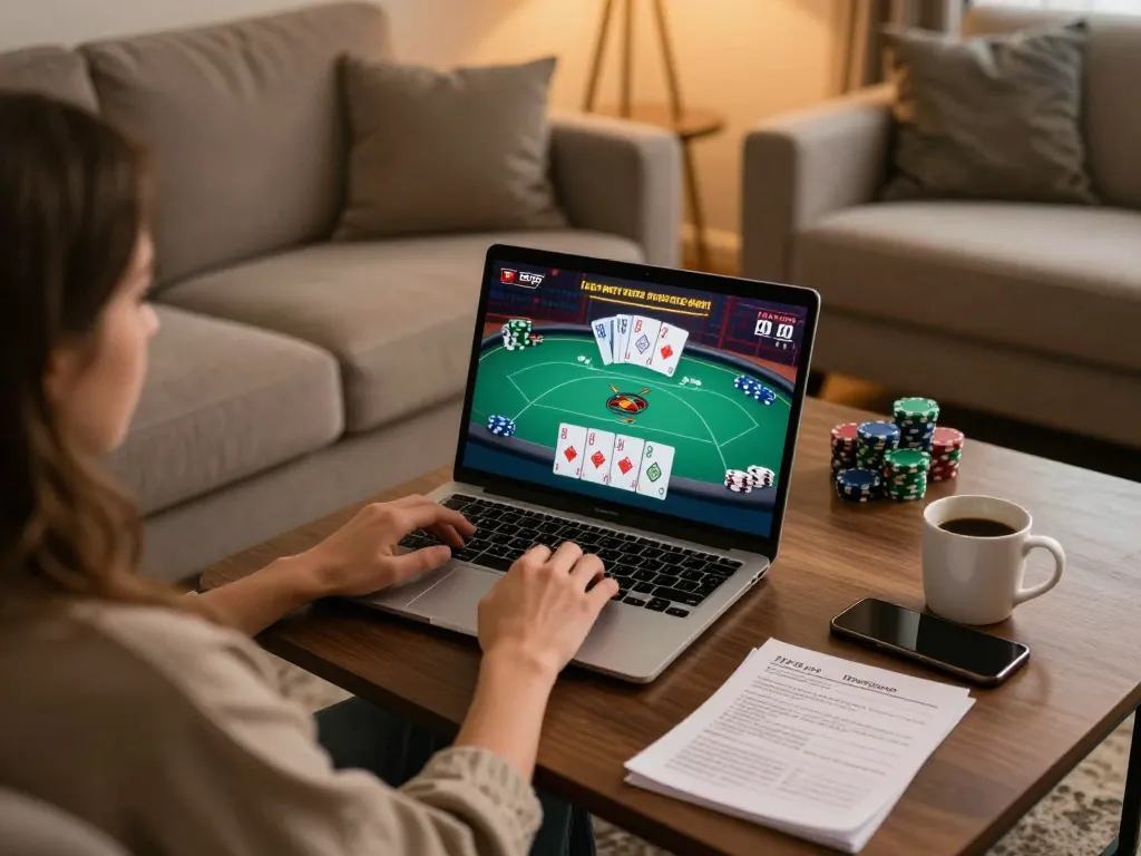 Pemain Kenzototo terlibat dengan permainan poker daring di rumah, menunjukkan gameplay strategis.