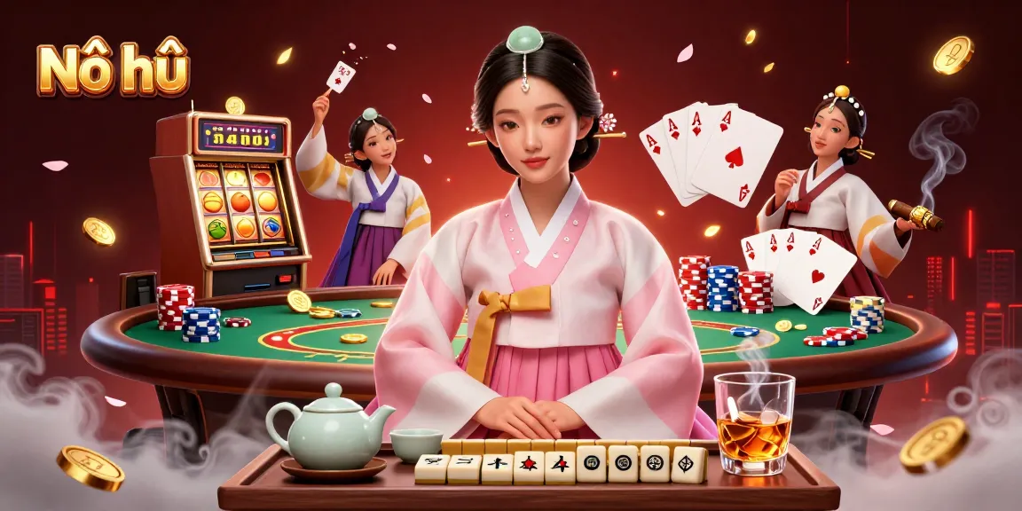 Nổ hũ gameplay featuring a serene Asian woman in traditional attire amidst vibrant slot elements and poker decorations.