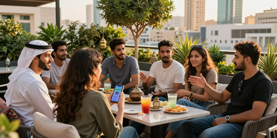 Engaging social atmosphere in Riyadh with young adults enjoying شات الرياض at a rooftop café, surrounded by city views.