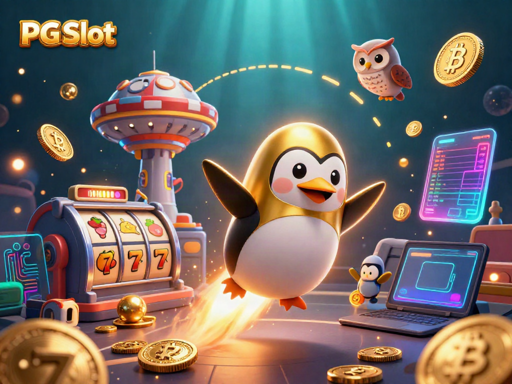 Mengguncang PG Slot dengan penguin emas dan simbol slot dalam peluncuran luar angkasa.