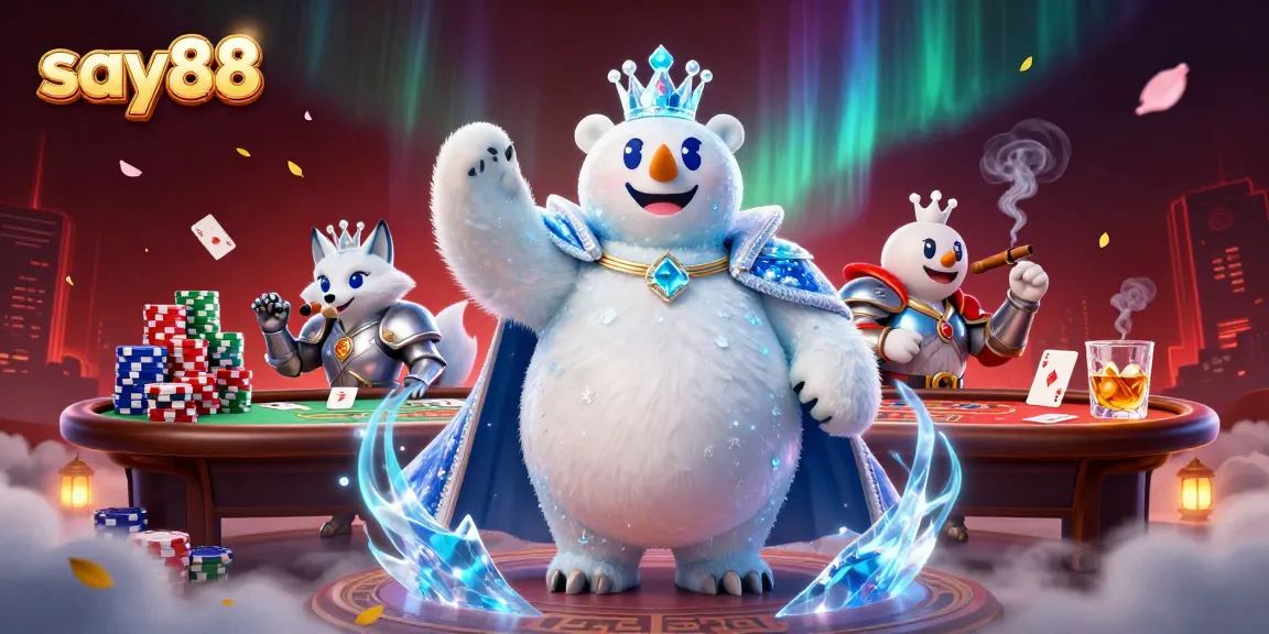 Experience the thrill of casino games with say88, featuring a playful ice king and snow fox in an engaging 3D scene.