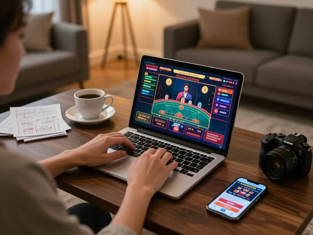 Player enjoying king33 online gaming at home, laptop displaying vibrant live dealer interface