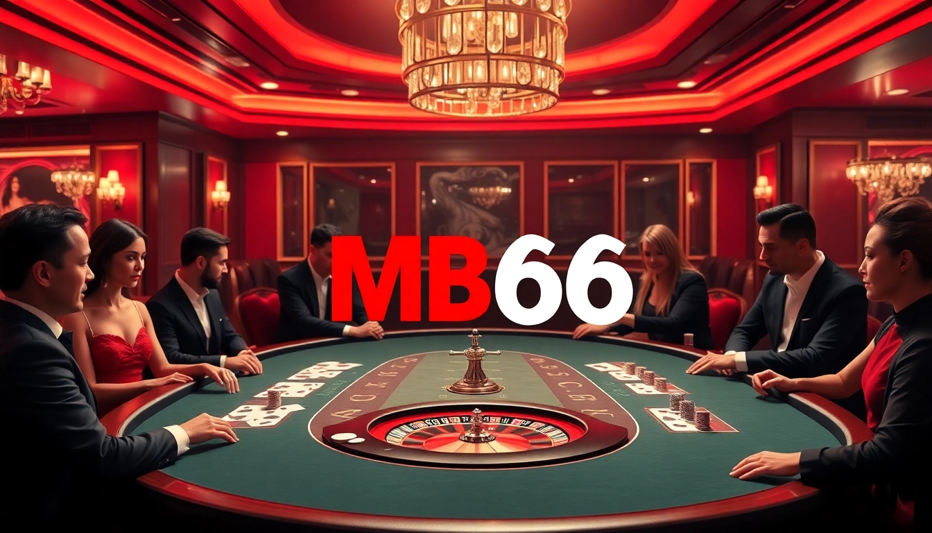 Players enjoying a poker game at an upscale casino featuring the MB66 logo prominently displayed.