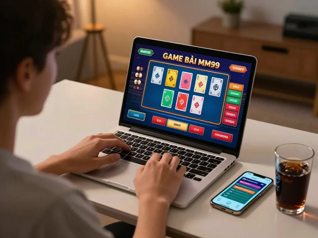 Person engaging in GAME BÀI MM99 online gaming on a sleek laptop in a cozy home environment.