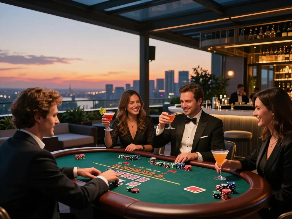 Players enjoying blackjack at Sun win casino rooftop bar with skyline view, celebrating wins.